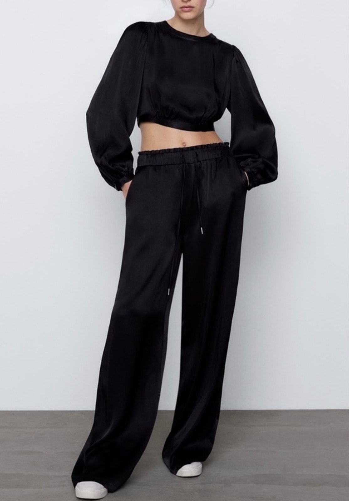 Zara Black Satin Matching Set Wide Leg Pants Large Crop Top Medium